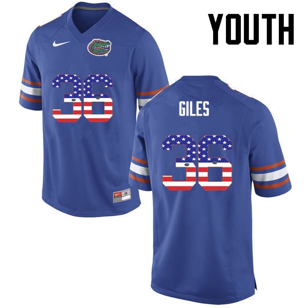 Florida Gators Youth #36 Eddie Giles College Football Jersey USA Flag Fashion Blue